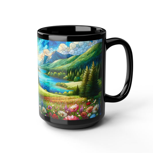 Nature Scene Flower Lake and Mountain Landscape Mug | Faux Stained Glass Black Coffee Mug  11 oz, 15 oz