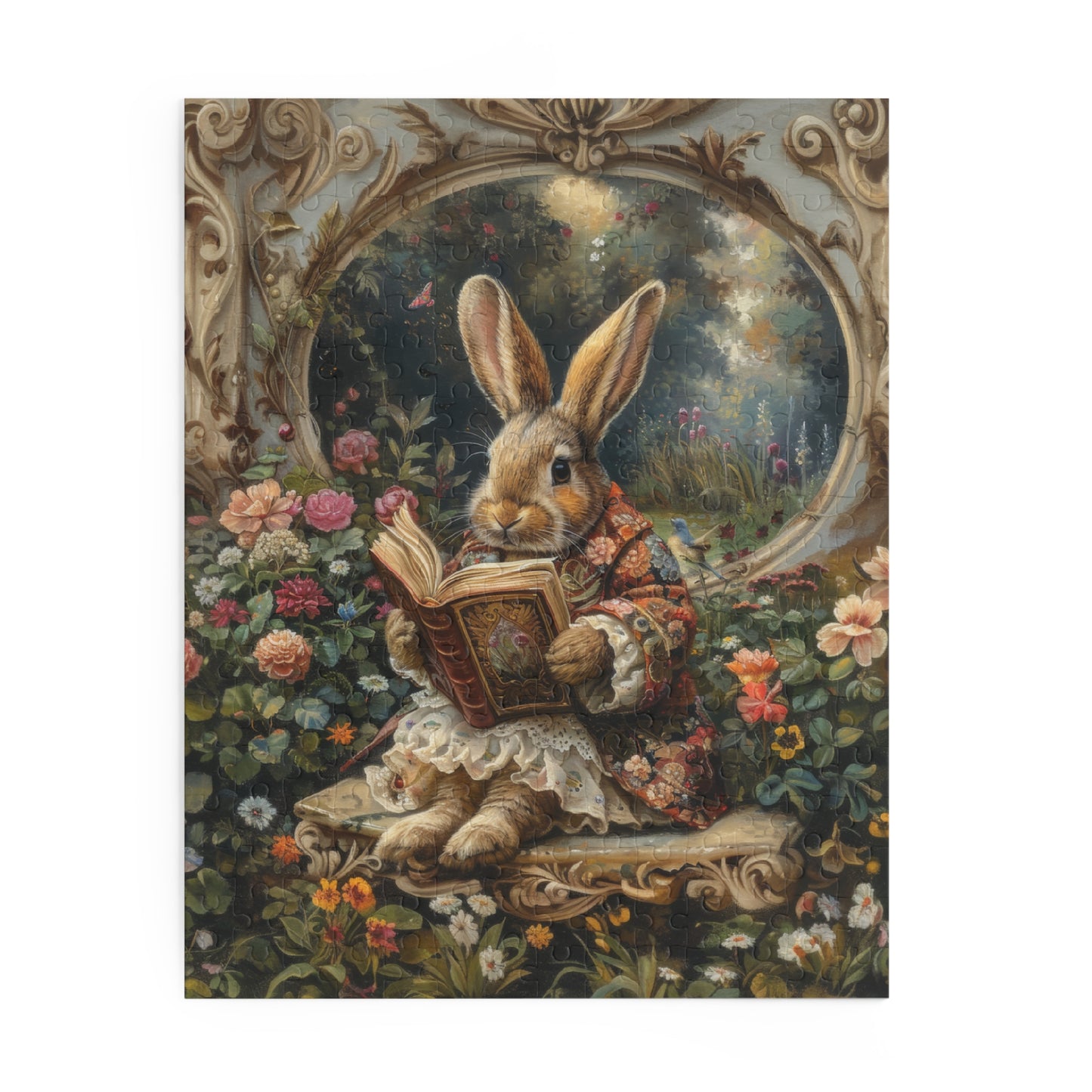 William Morris inspired Rococo Bunny With Vintage Book Jigsaw Puzzle Box (120, 252, 500-Piece) Family Jigsaw Puzzle, Puzzle Box Gift