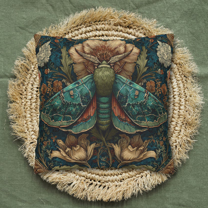 William Morris Inspired Moth Pillowcase, Teal Botanical Art Nouveau Cushion, Vintage Floral Nature Square Pillowcase
