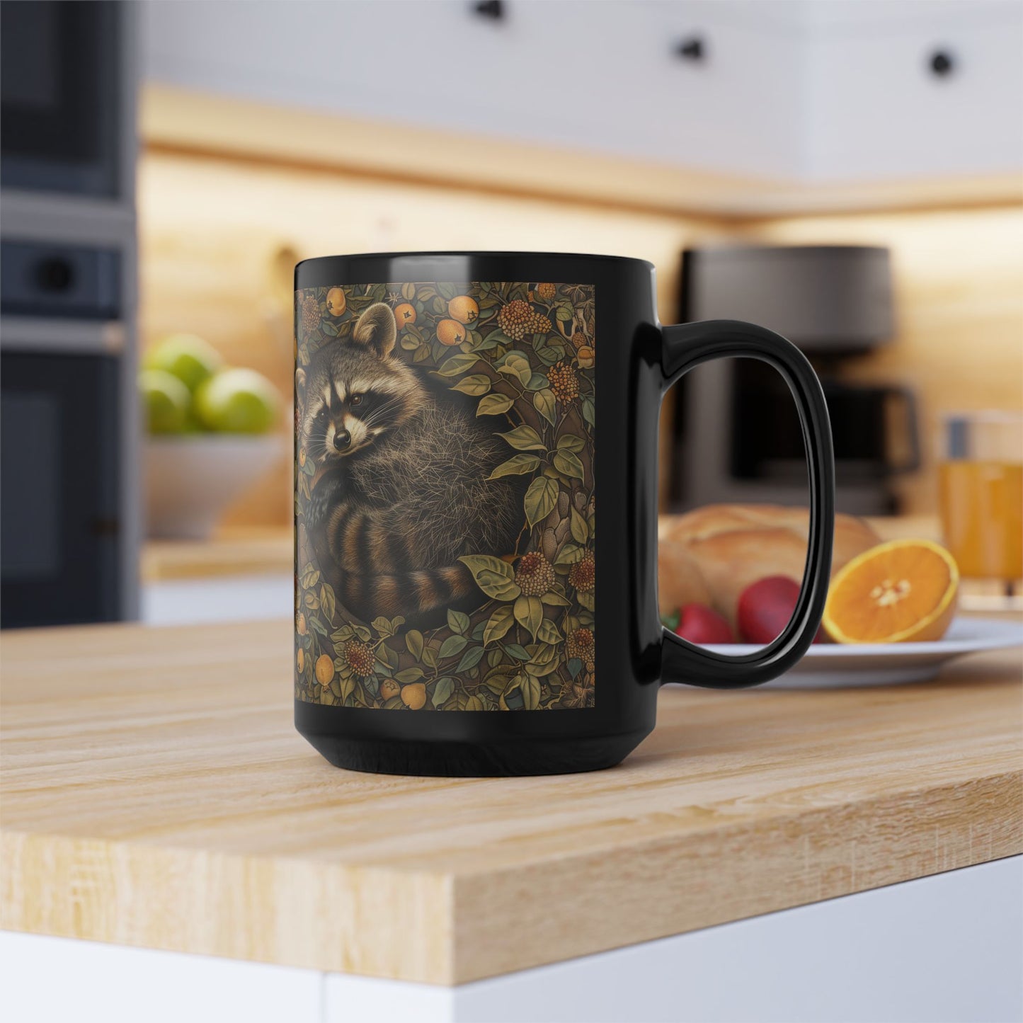 Woodland Raccoon William Morris Inspired Black Mug (11oz, 15oz)