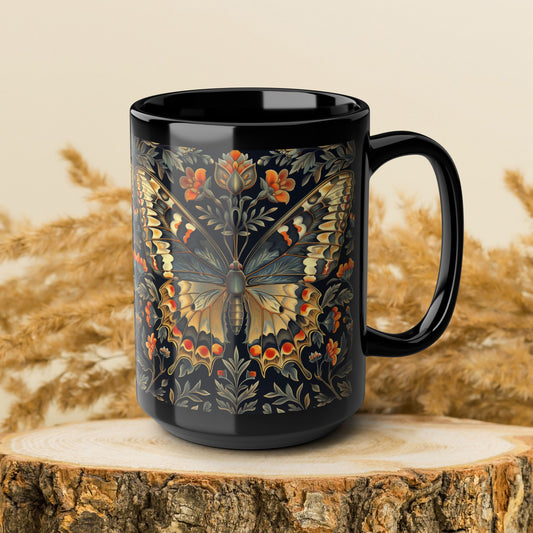 William Morris Butterfly Coffee Mug, Botanical Woodland Black Ceramic Cup, Vintage Insect Lover Gif