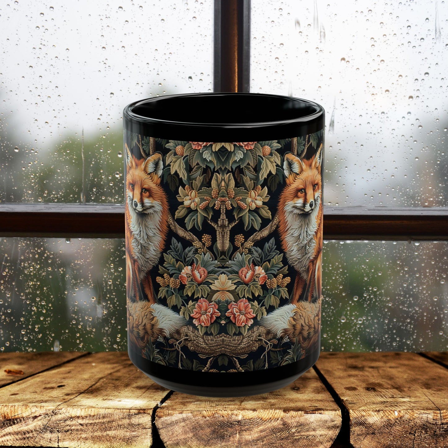Forest Fox William Morris Inspired | Fox Ancient Black Coffee Mug For Her Him Ceramic Mug Black Mug 11oz, 15oz