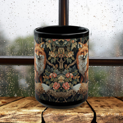 Forest Fox William Morris Inspired | Fox Ancient Black Coffee Mug For Her Him Ceramic Mug Black Mug 11oz, 15oz