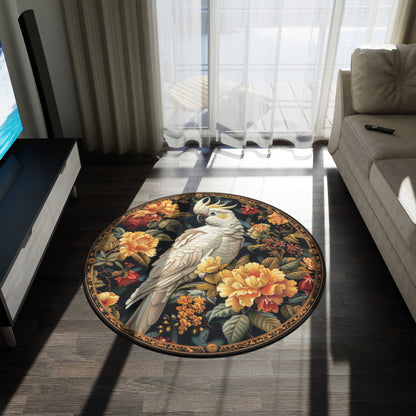 Art Deco Yellow-crested Cockatoo Fall Flowers Round Rug, Home Decor Accent, Area Carpet, Boho Chic Floor Mat, Gift for Bird Lovers