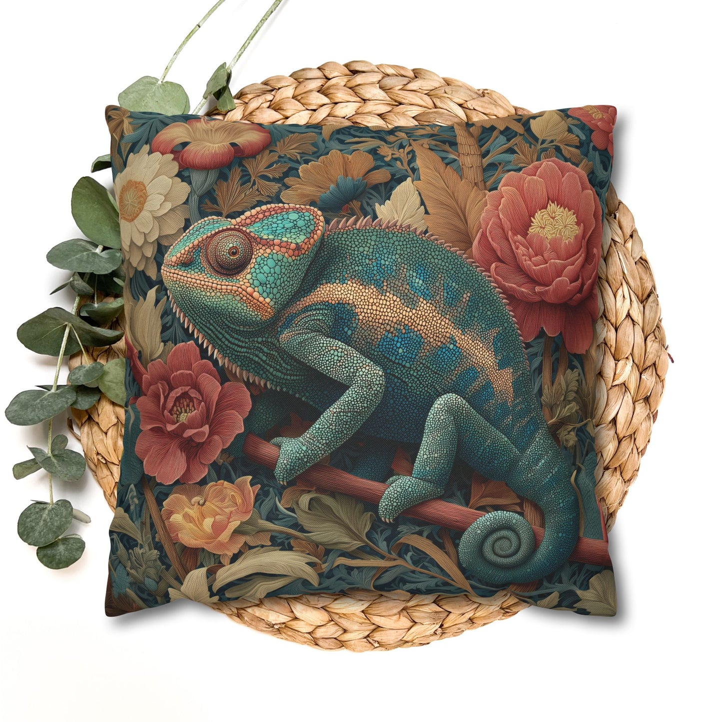 Teal Chameleon Floral Pillowcase, William Morris Style Lizard Cushion with Vintage Botanical Design