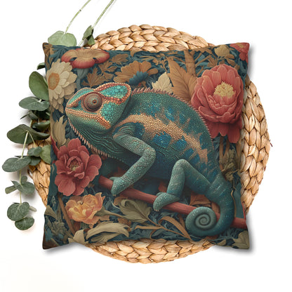 Teal Chameleon Floral Pillowcase, William Morris Style Lizard Cushion with Vintage Botanical Design