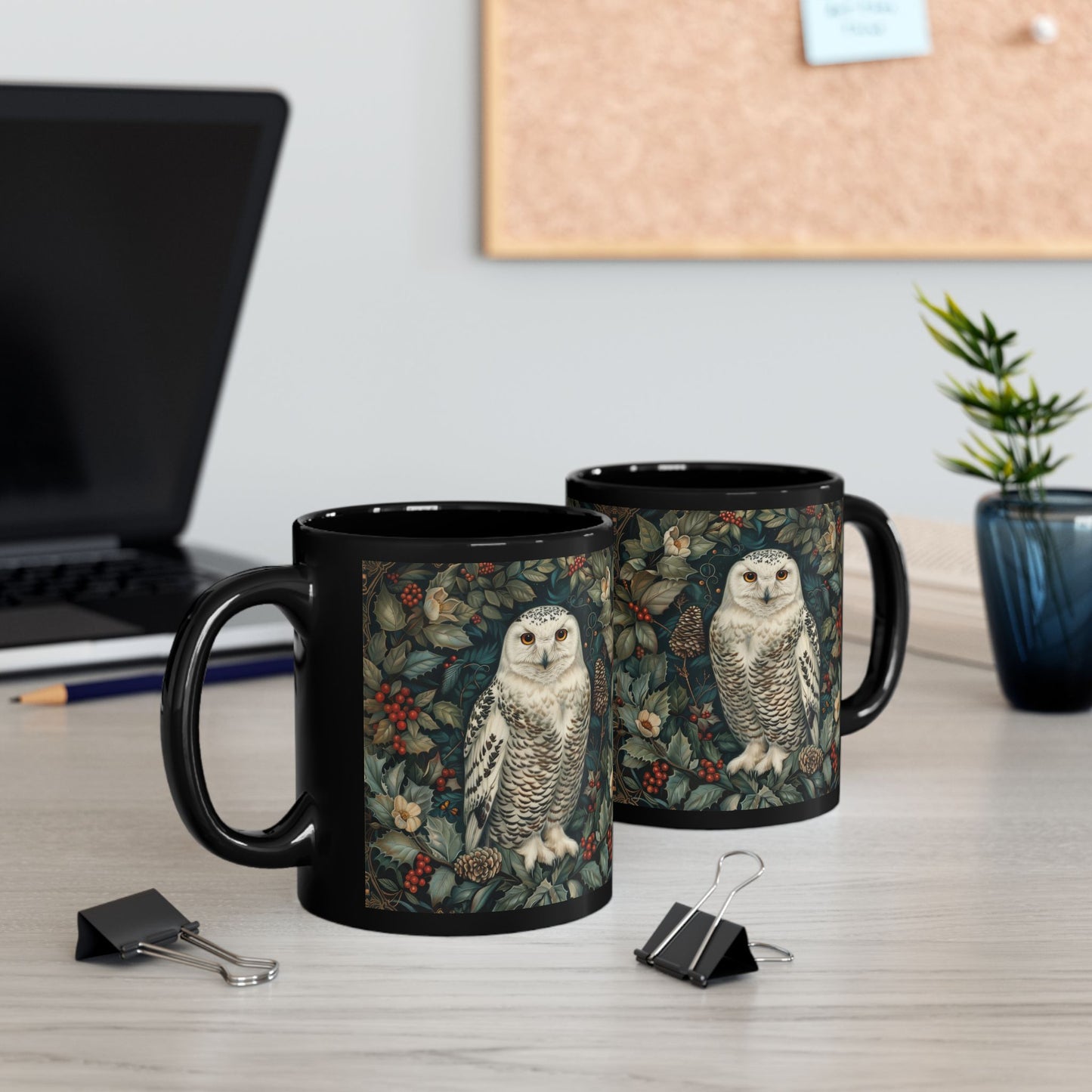 Snowy Owl Winter Mug: Black Ceramic Holiday Coffee Cup (11oz,15oz)