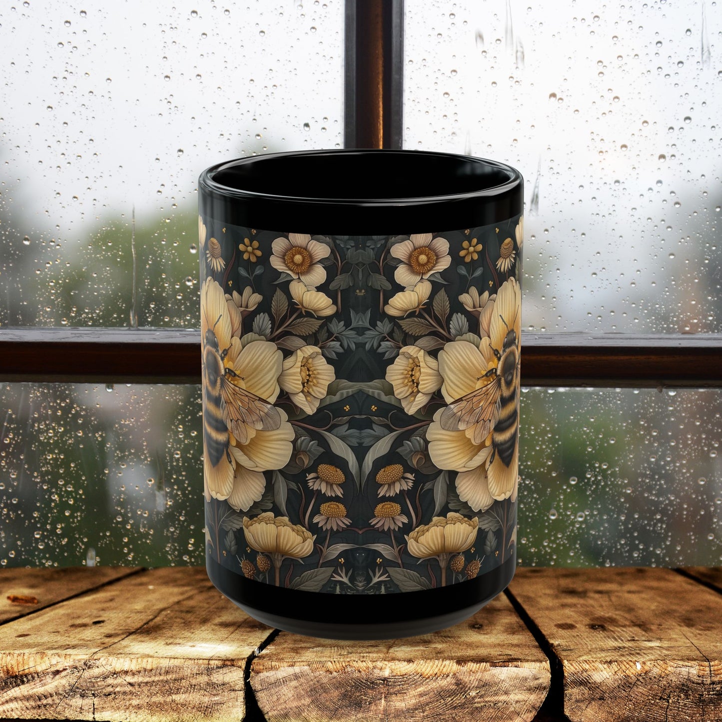 Botanical Bumblebee William Morris Inspired Black Coffee Mug For Her Him Ceramic Mug Black Mug 11oz, 15oz