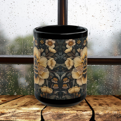 Botanical Bumblebee William Morris Inspired Black Coffee Mug For Her Him Ceramic Mug Black Mug 11oz, 15oz