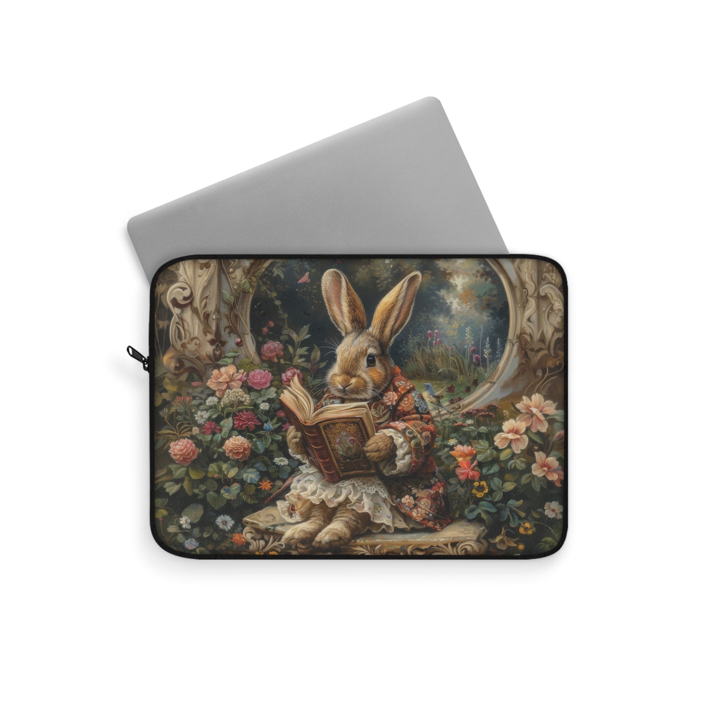 Whimsical Rabbit Reading Laptop Sleeve, Vintage Floral Bunny Art Case, Cute Protective Cover