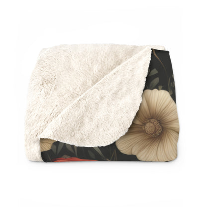 Red Poppy And White Flowers Pattern Fleece Sherpa Blanket