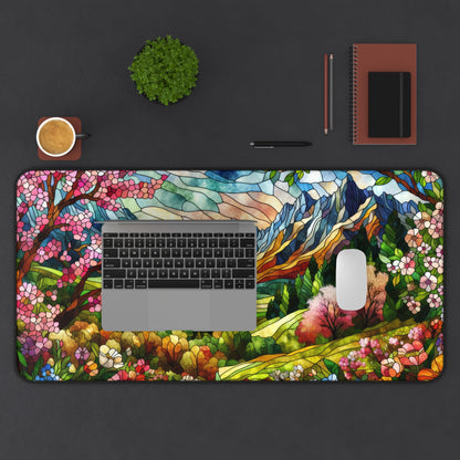 Mountain Landscape Spring Scene | Faux Stained Glass | Desk Mat 2 Sizes | Gamer Keyboard Mouse Pad | Office Decor GiftDesk Mats