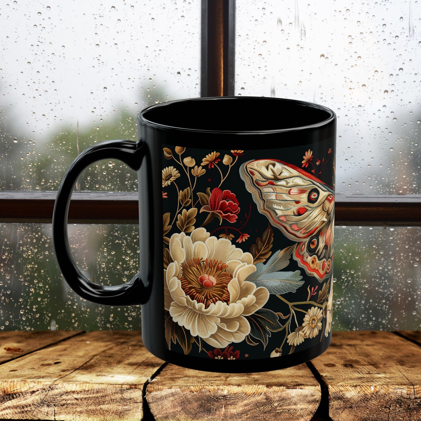 William Morris Inspired Moth Peony Embroidery Black Mug (11oz, 15oz)