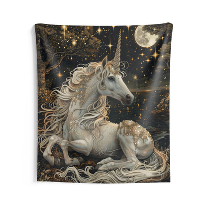 Victorian White Pearl Unicorn Whimsical Night William Morris Inspired Tapestry Wall Art