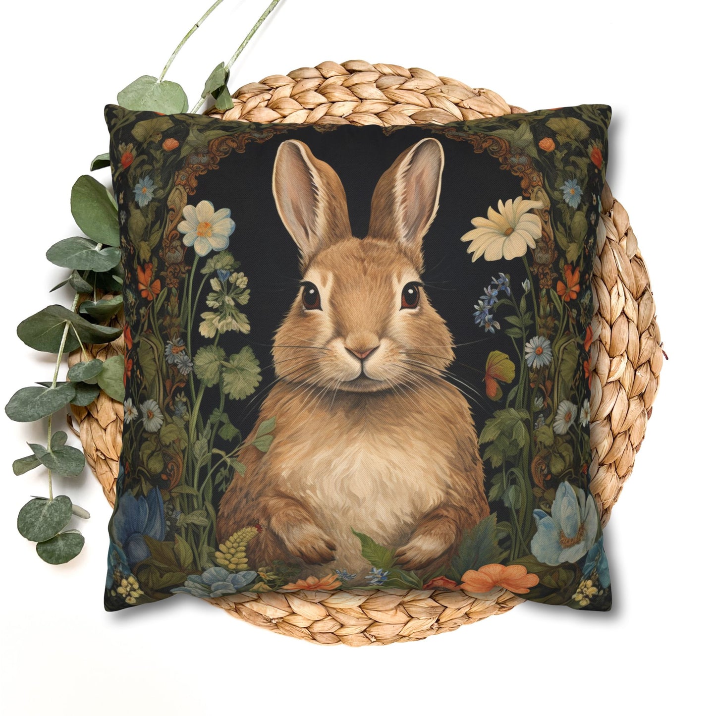 Rustic Bunny Floral Throw Pillowcase, Cute Rabbit Decorative Pillow Cover