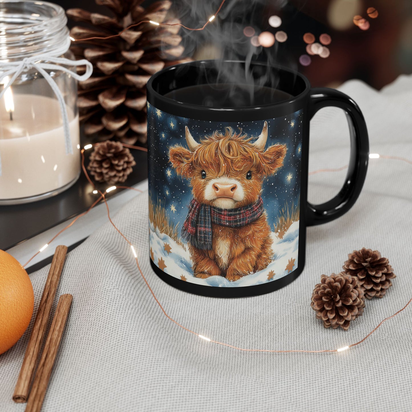 Highland Cow Winter Night Black Mug, Cute Baby Cow Coffee Cup (11oz, 15oz) Animal Lover Gift, Farmhouse Kitchen Decor, Christmas Gift,