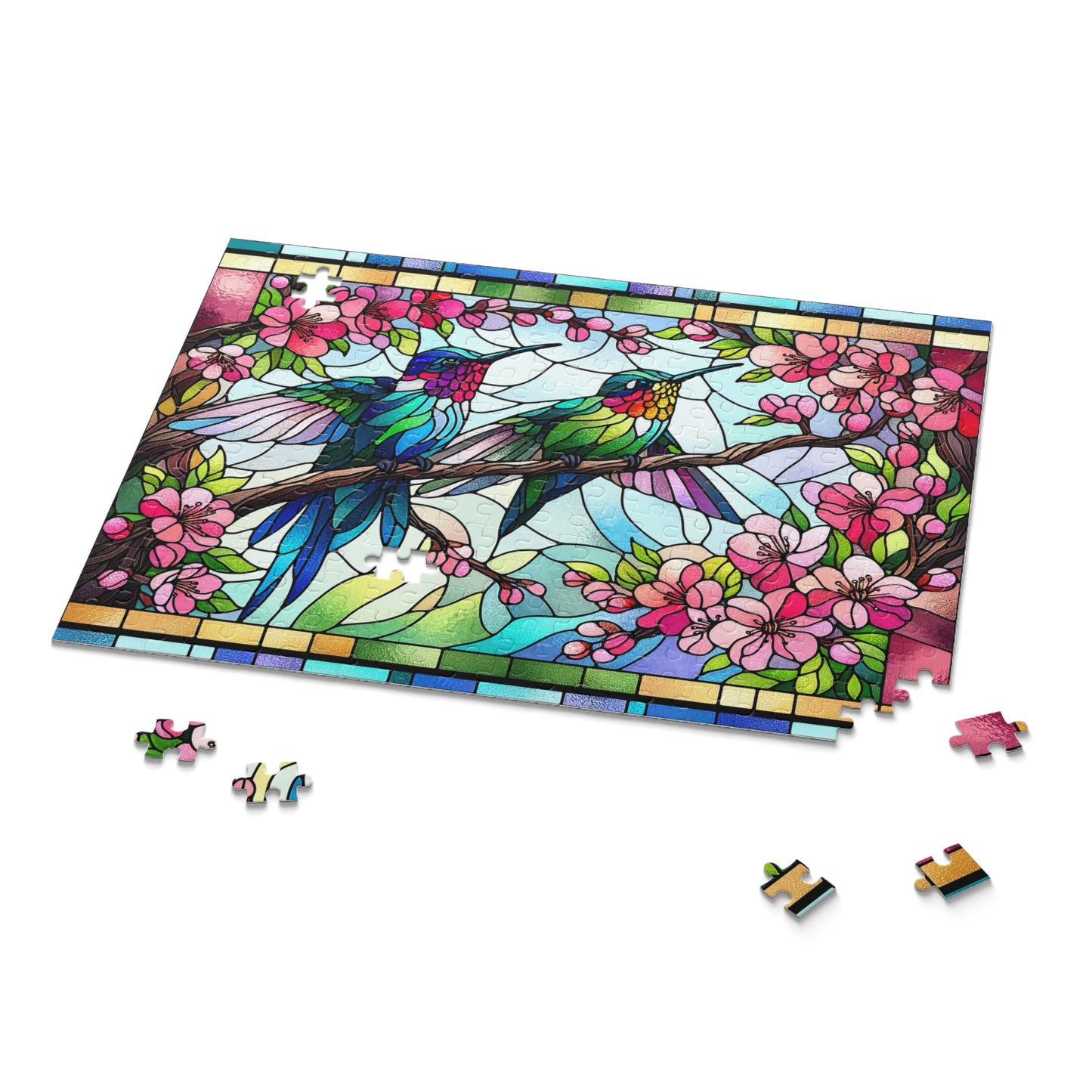 Stained Glass Hummingbirds Spring Cherry Blossom Puzzle Box (120, 252, 500-Piece) Adult Jigsaw Puzzle, Gift Him Her