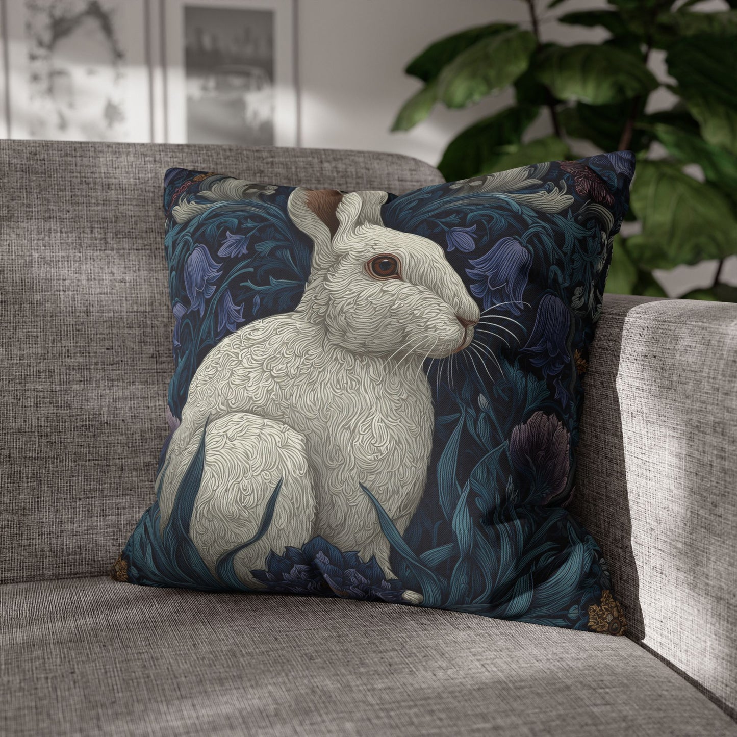 White Rabbit Floral Pillowcase, William Morris Style Botanical Bunny Cushion for Cozy Home Décor