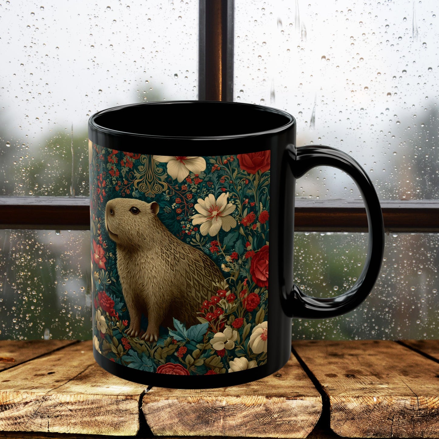 Floral Capybara Mug, Black Ceramic Woodland Coffee Cup 11oz & 15oz, Cute Nature Animal Art Gift with Vintage Botanical Flowers