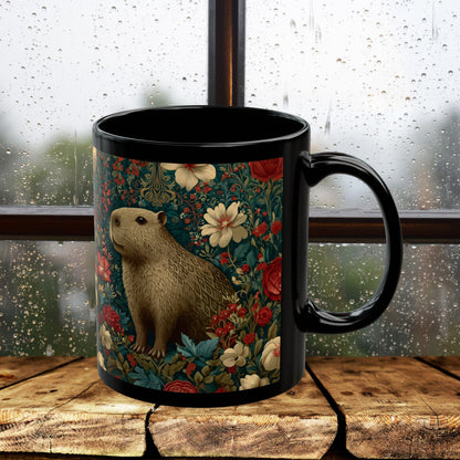 Floral Capybara Mug, Black Ceramic Woodland Coffee Cup 11oz & 15oz, Cute Nature Animal Art Gift with Vintage Botanical Flowers