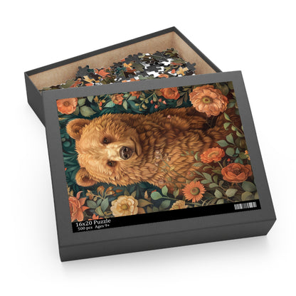 William Morris Inspired Brown Bear Wildflowers Puzzle Box (120, 252, 500-Piece) Family Jigsaw Puzzle, Puzzle Box Gift