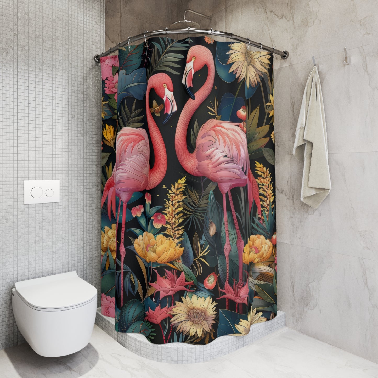 William Morris Inspired Botanical Pattern With Pink Flamingos Polyester Shower Curtain