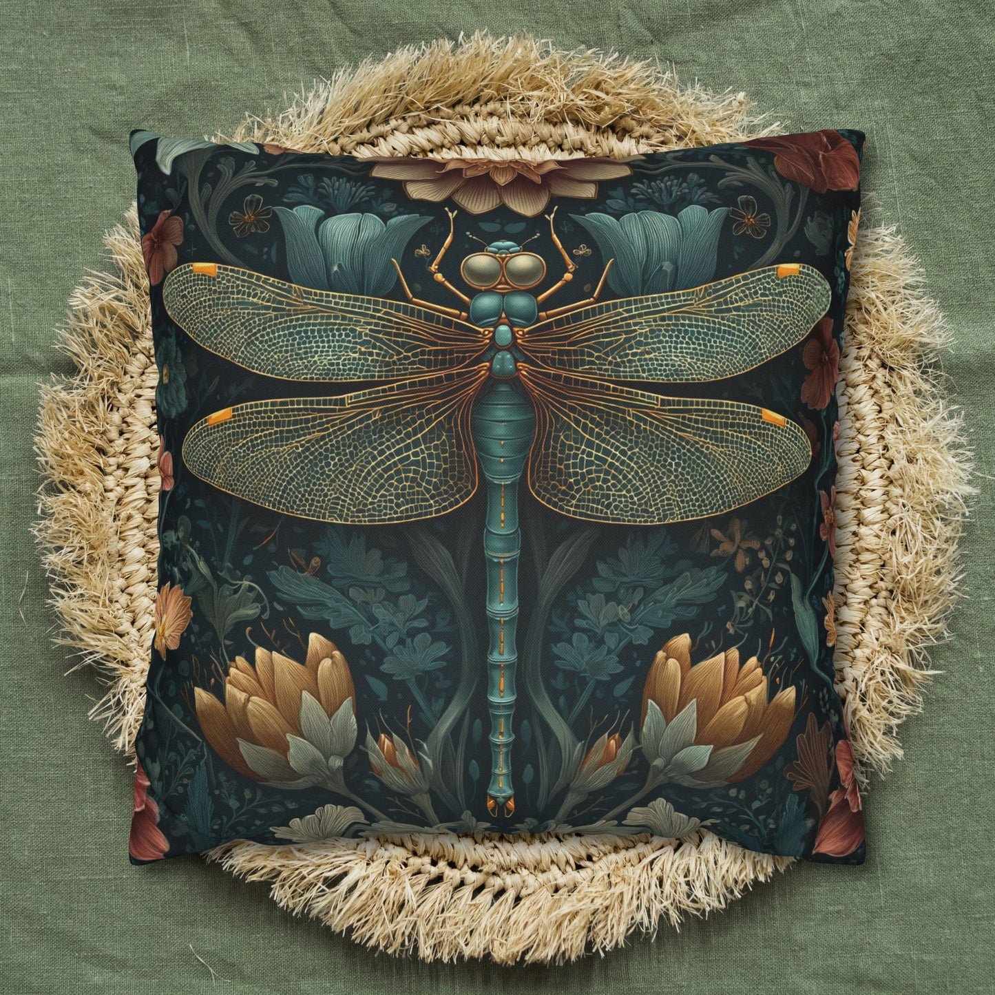 William Morris Inspired Dragonfly Pillowcase, Teal Botanical Art Nouveau Dragonfly Floral Decorative Pillow Cover