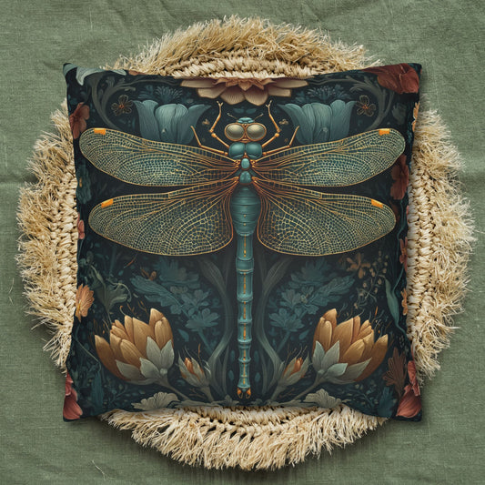 William Morris Inspired Dragonfly Pillowcase, Teal Botanical Art Nouveau Dragonfly Floral Decorative Pillow Cover