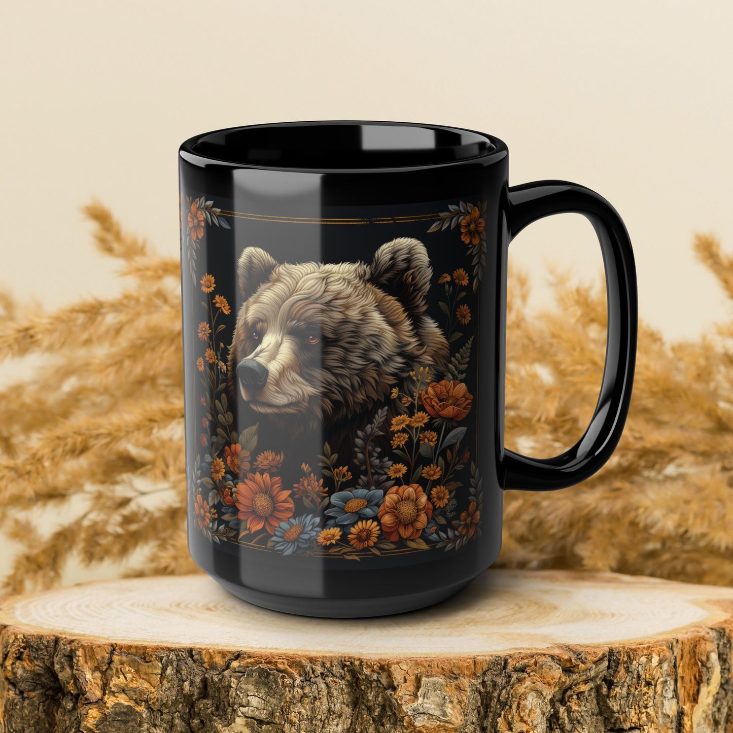 William Morris Inspired Floral Mama Bear Black Coffee Mug 11oz, 15 oz