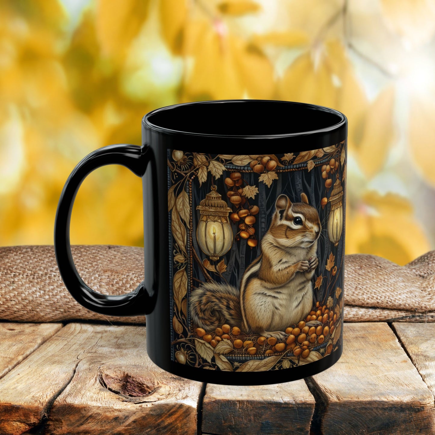 Mug - William Morris Inspired Chipmunk Among Acorn Lanterns Black Mug 11oz, 15oz