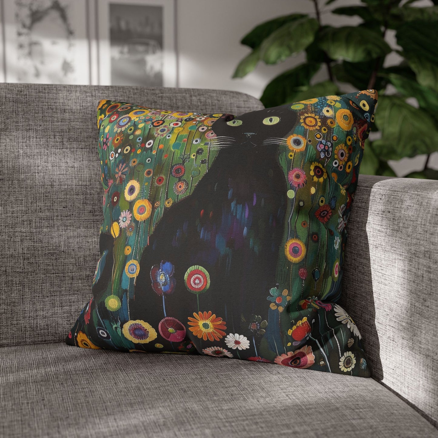 Whimsical Cat Floral Mewdow Square Pillowcase, Gustav Klimt Home Decor, Black Cat Cushion