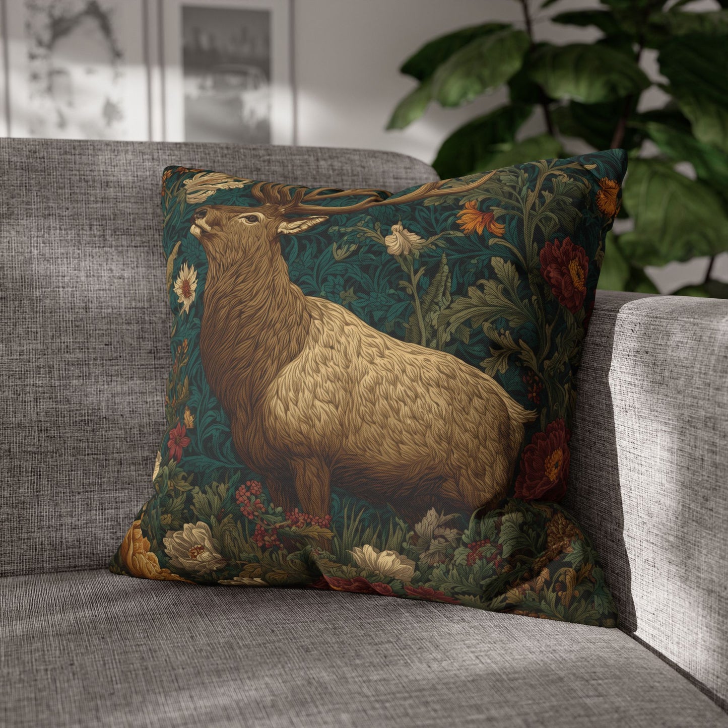 Majestic Elk Floral Pillowcase, William Morris Inspired Woodland Elf Decorative Pillow