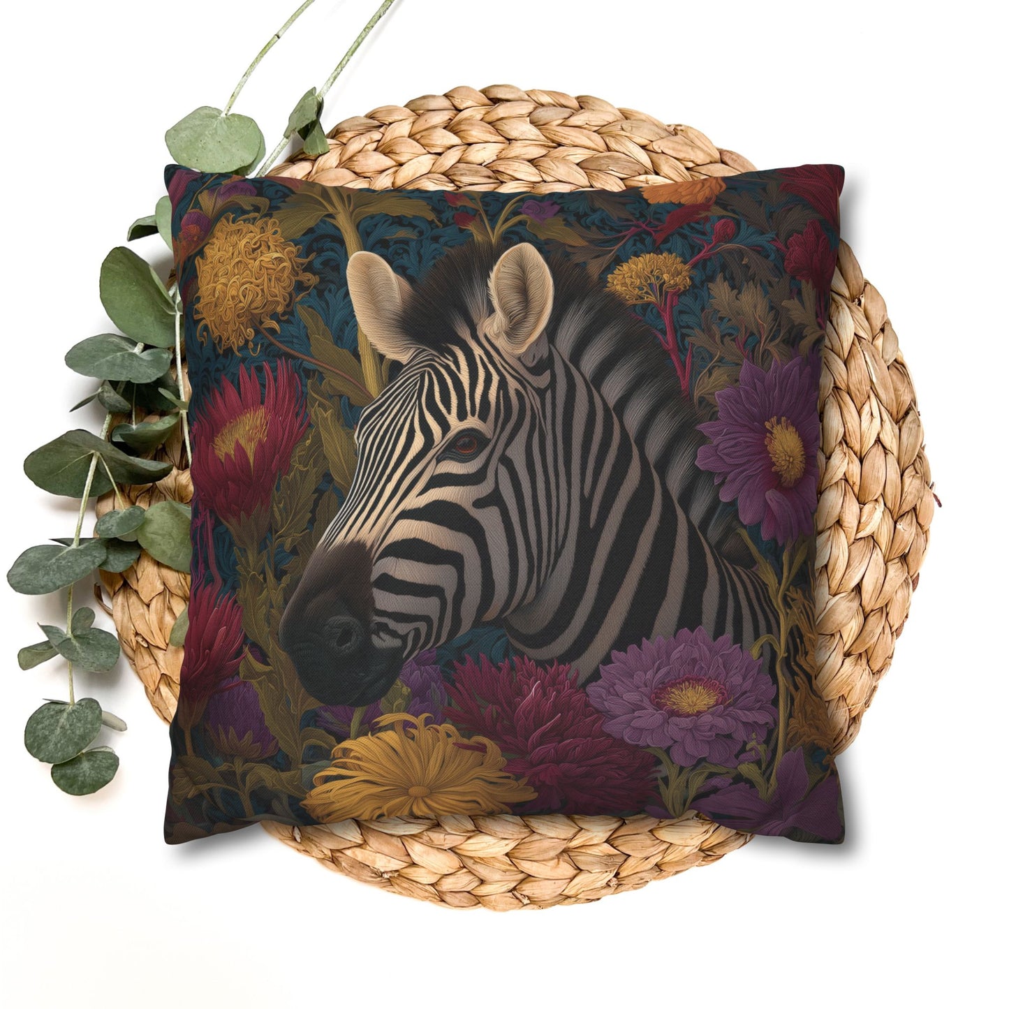 Vibrant Zebra Floral Pillowcase, William Morris Style Botanical Safari Animal Cushion