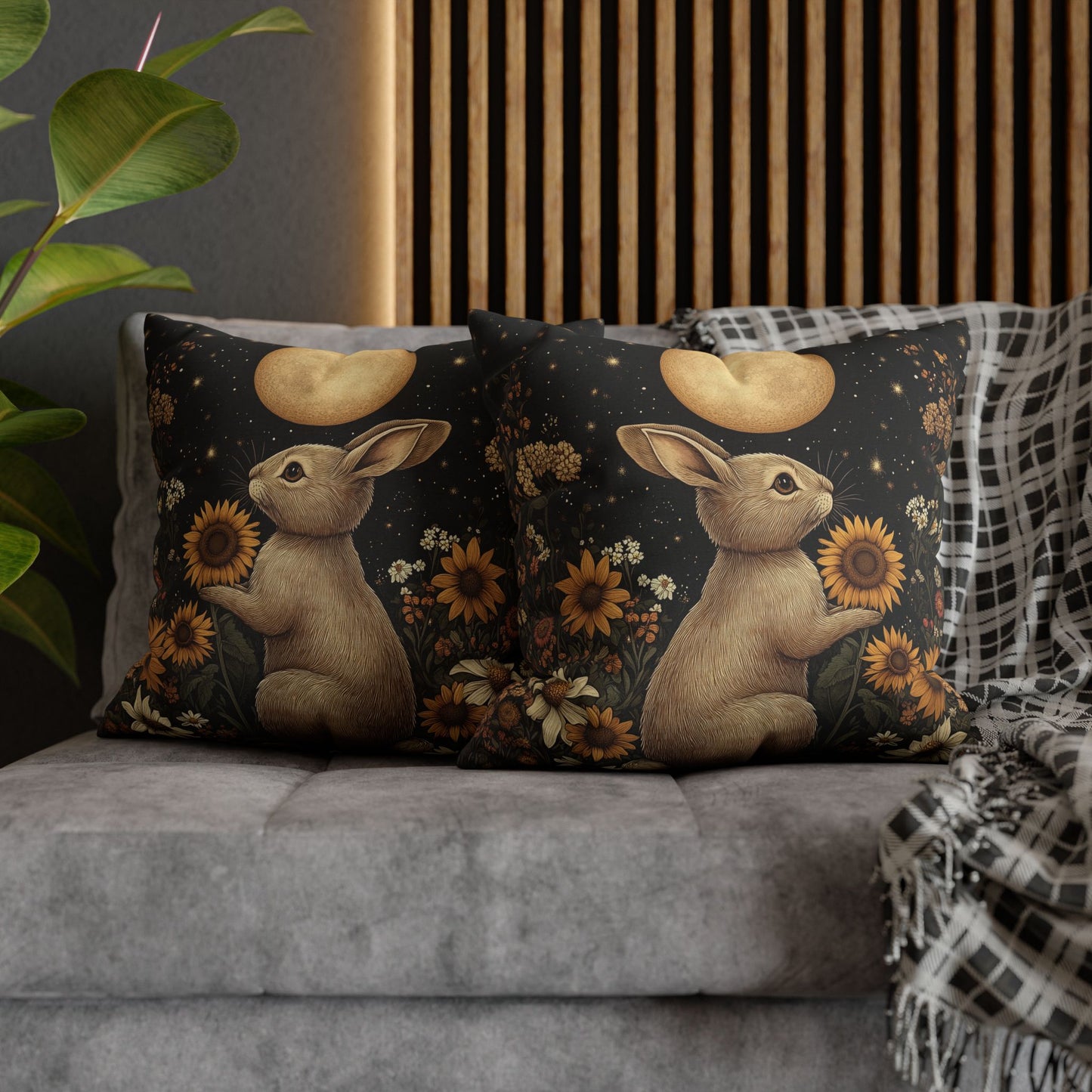 Moonlit Bunny Floral , William Morris Inspired Floral Bunny Pillowcase