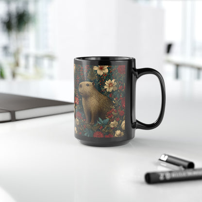 Floral Capybara Mug, Black Ceramic Woodland Coffee Cup 11oz & 15oz, Cute Nature Animal Art Gift with Vintage Botanical Flowers