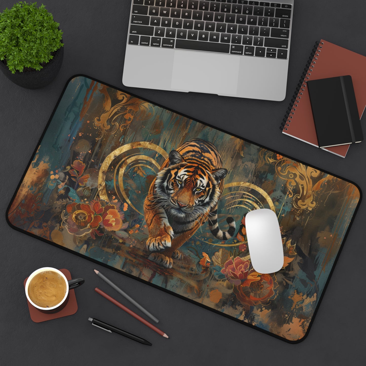 Art Deco Tiger William Morris Inspired Desk Mat 2 Sizes | Gaming Desk Mat | Office Decor Gift Desk Mats