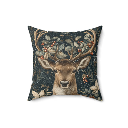 Christmas Reindeer Winter Pillow, William Morris Style Festive Woodland Decorative Cushion