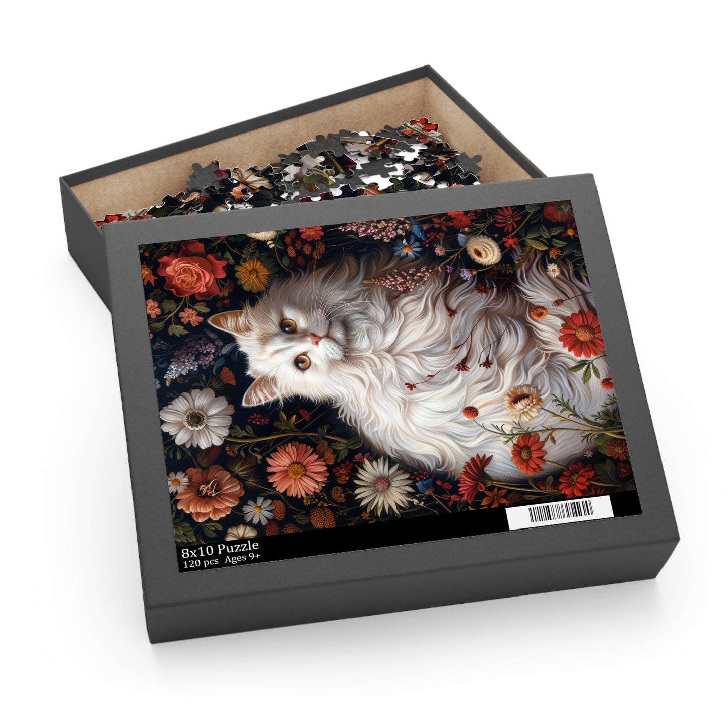 William Morris Inspired Botanical White Persian Cat Jigsaw Puzzle Box (120, 252, 500-Piece)