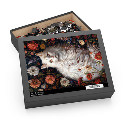 William Morris Inspired Botanical White Persian Cat Jigsaw Puzzle Box (120, 252, 500-Piece)