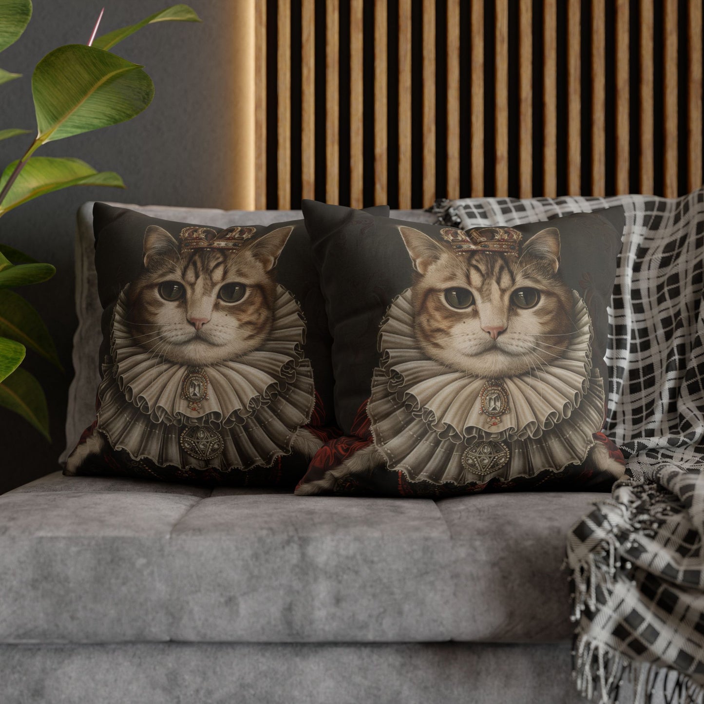 Royal Cat Pillowcase,  Aristocratic Kitty Cushion in Crown & Renaissance Attire, Whimsical Pet Portrait Home Décor
