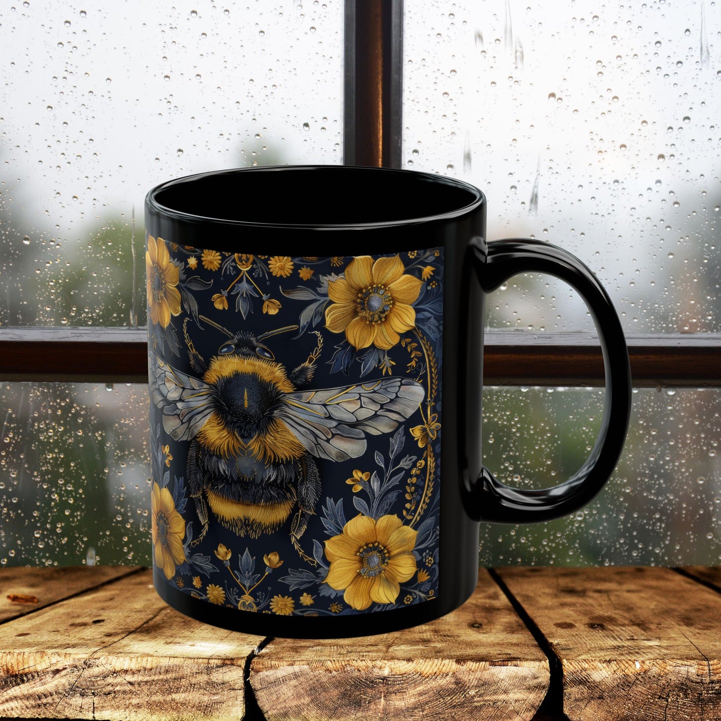 Bumblebee Gold Botanicals William Morris Inspired Black Coffee Mug For Her Him Ceramic Mug Black Mug 11oz, 15oz
