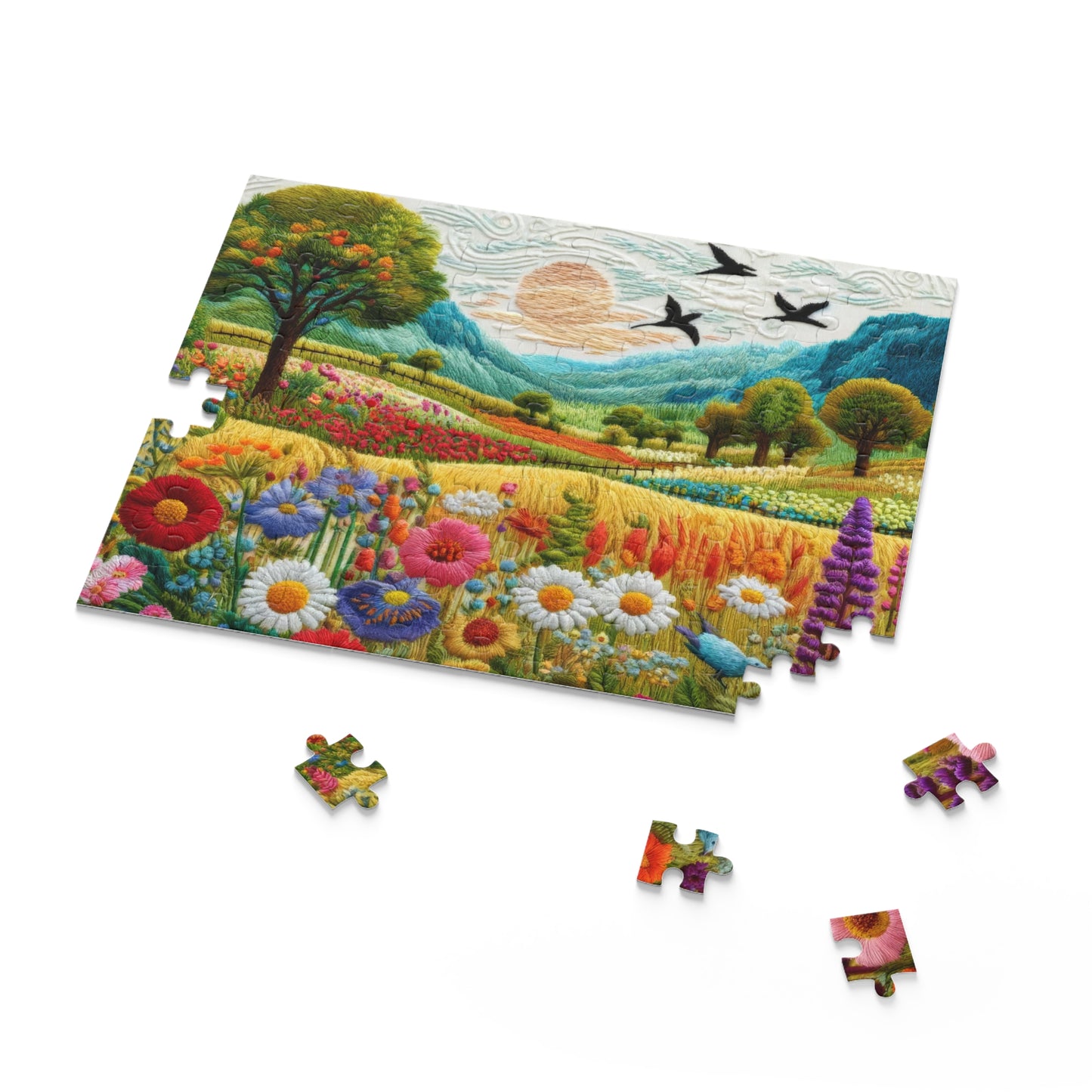 Embroidered Spring Wildflowers Jigsaw Puzzle (120, 252, 500-Piece) Gift-Ready Box, Adult Jigsaw Puzzle