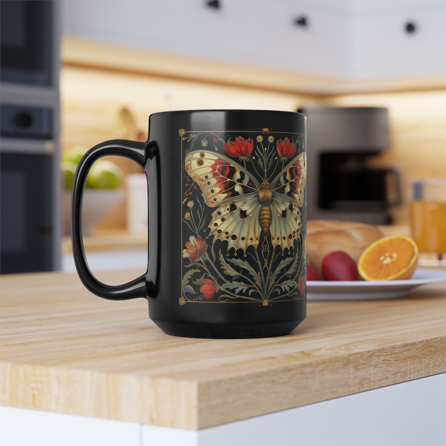 William Morris Inspired Botanical Night Butterfly Black Mug 11oz, 15 oz