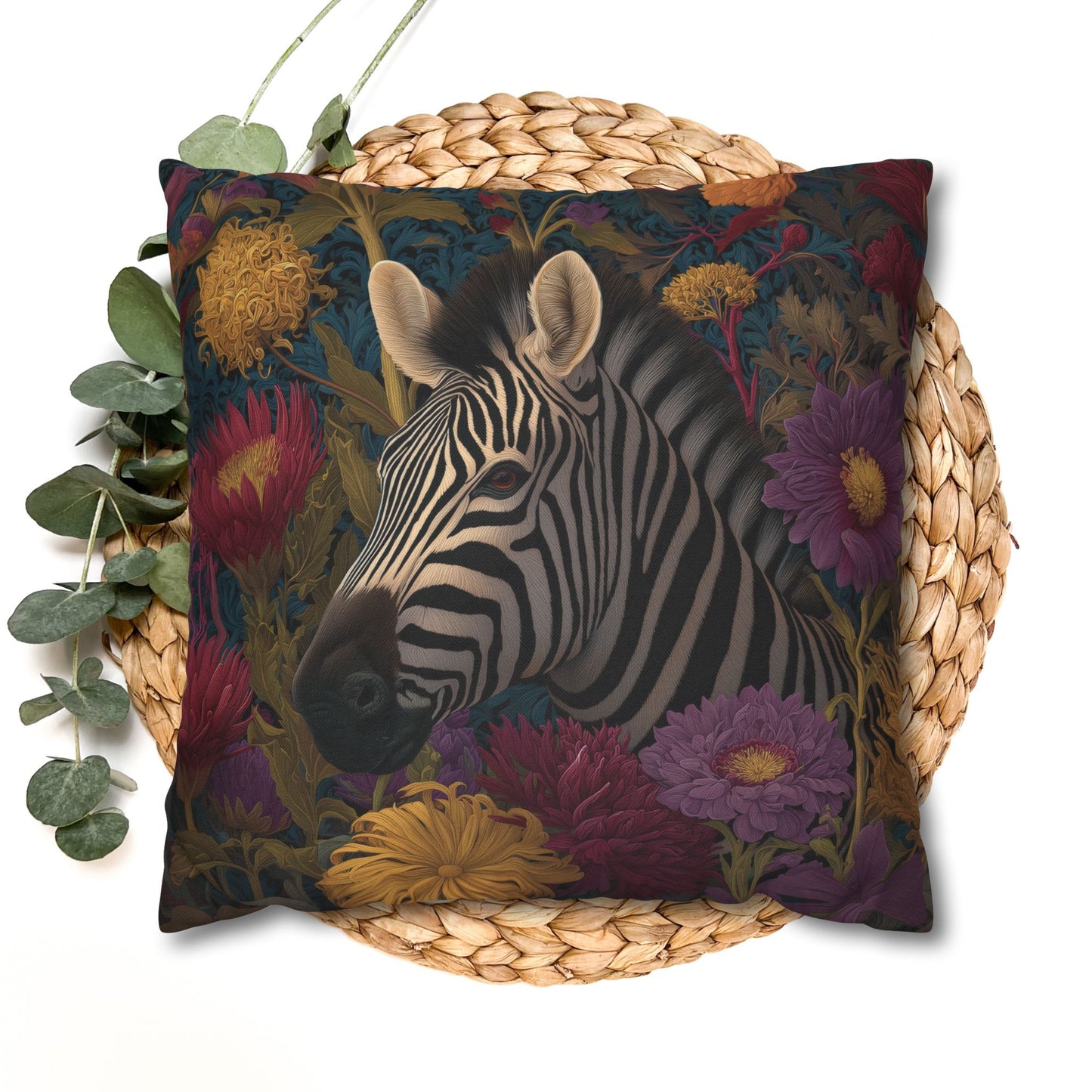 Vibrant Zebra Floral Pillowcase, William Morris Style Botanical Safari Animal Cushion