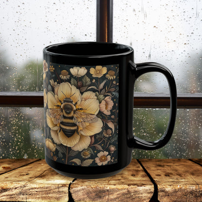 Botanical Bumblebee William Morris Inspired Black Coffee Mug For Her Him Ceramic Mug Black Mug 11oz, 15oz