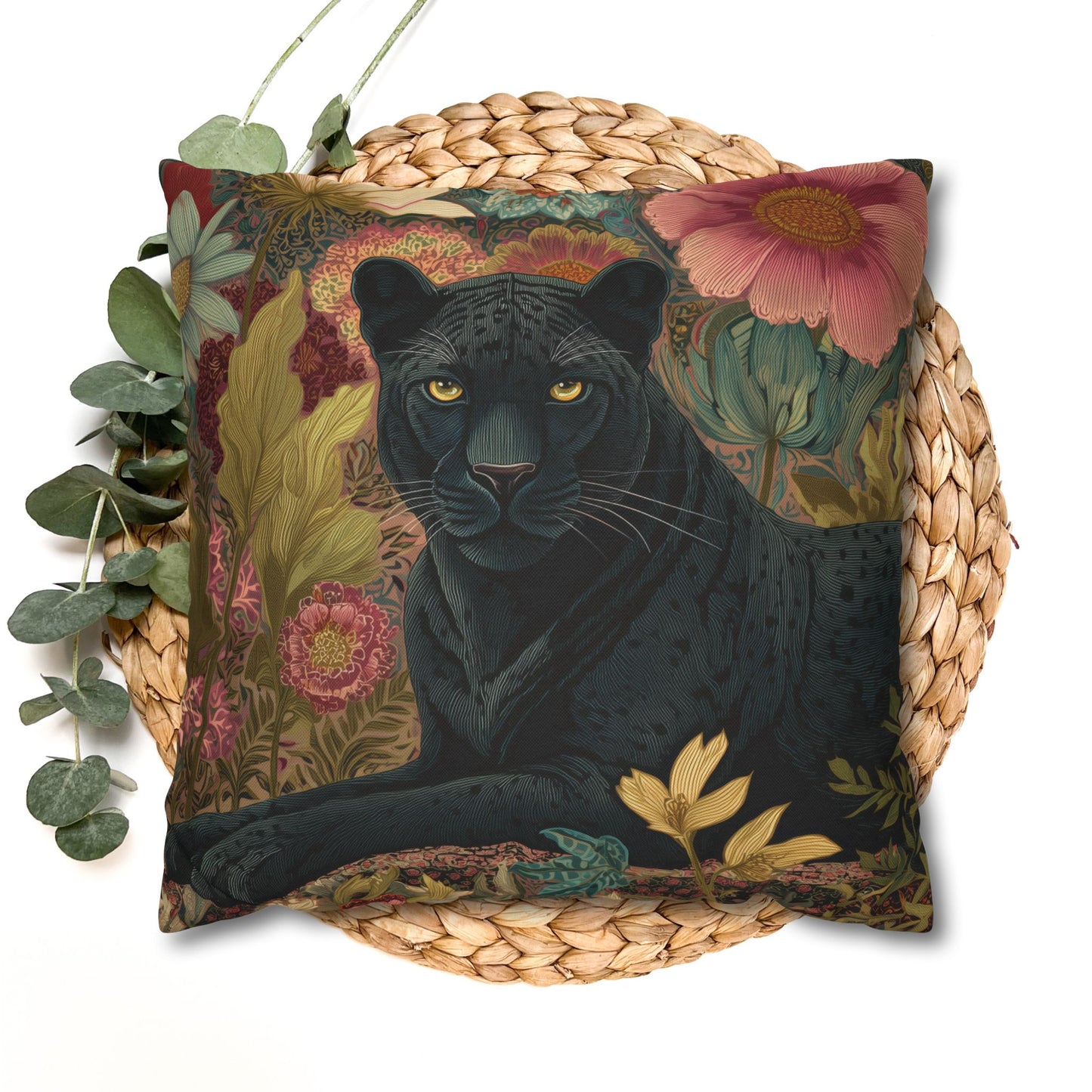 Black Panther Pillowcase, Elegant Botanical Animal Cushion, William Morris Inspired Floral Jungle