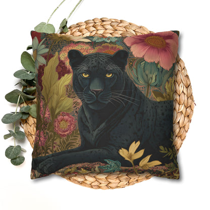 Black Panther Pillowcase, Elegant Botanical Animal Cushion, William Morris Inspired Floral Jungle