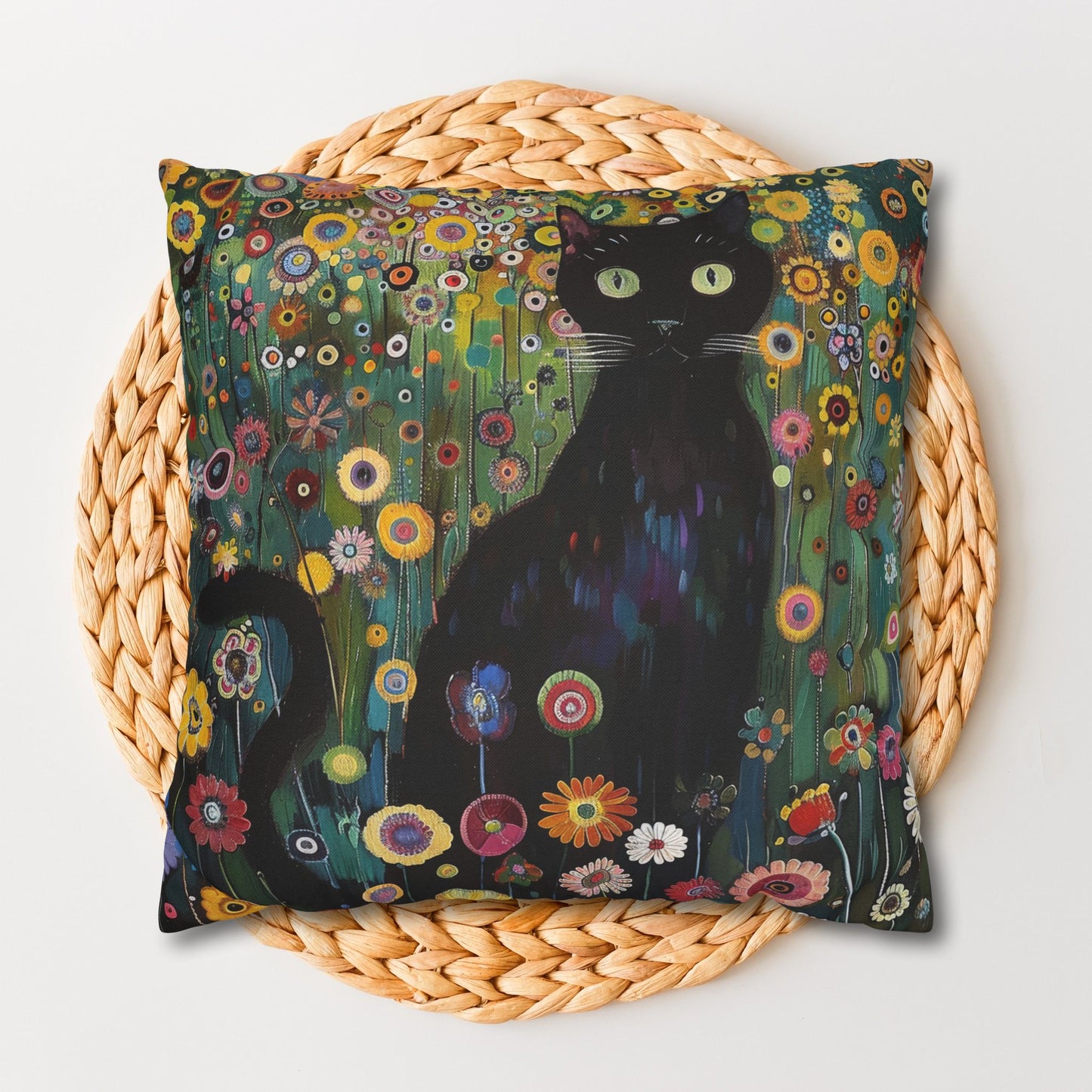 Whimsical Cat Floral Mewdow Square Pillowcase, Gustav Klimt Home Decor, Black Cat Cushion