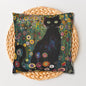 Whimsical Cat Floral Mewdow Square Pillowcase, Gustav Klimt Home Decor, Black Cat Cushion