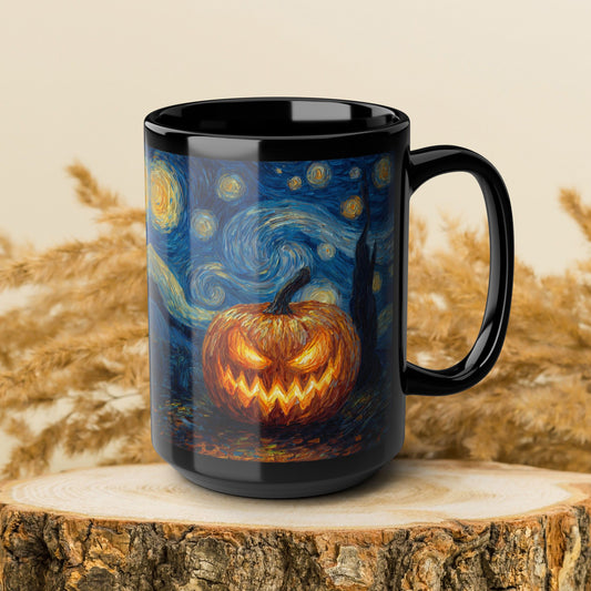 Halloween Pumpkin Art Mug, Black Mug for Halloween Decor, Starry Night Inspired, Spooky Coffee Cup, Gift for Pumpkin Lovers